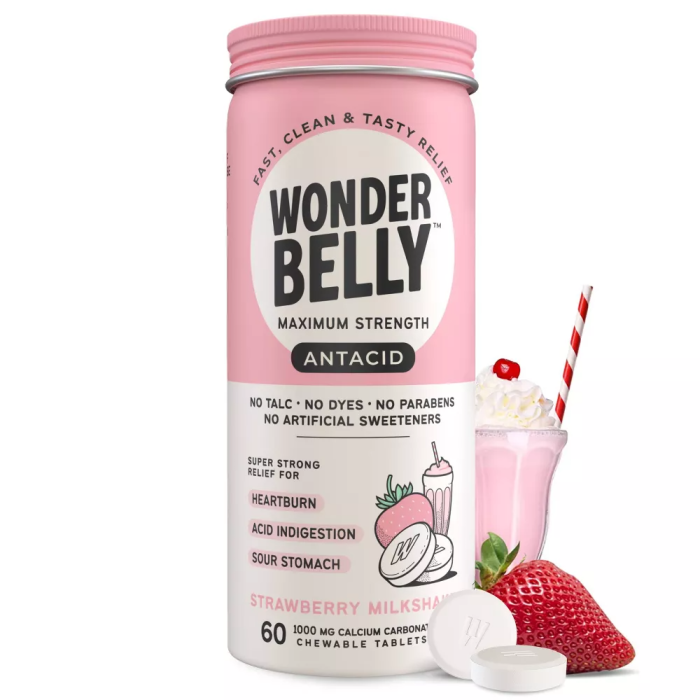 Wonderbelly Strawberry Milkshake Antacid Chews, 60 Count