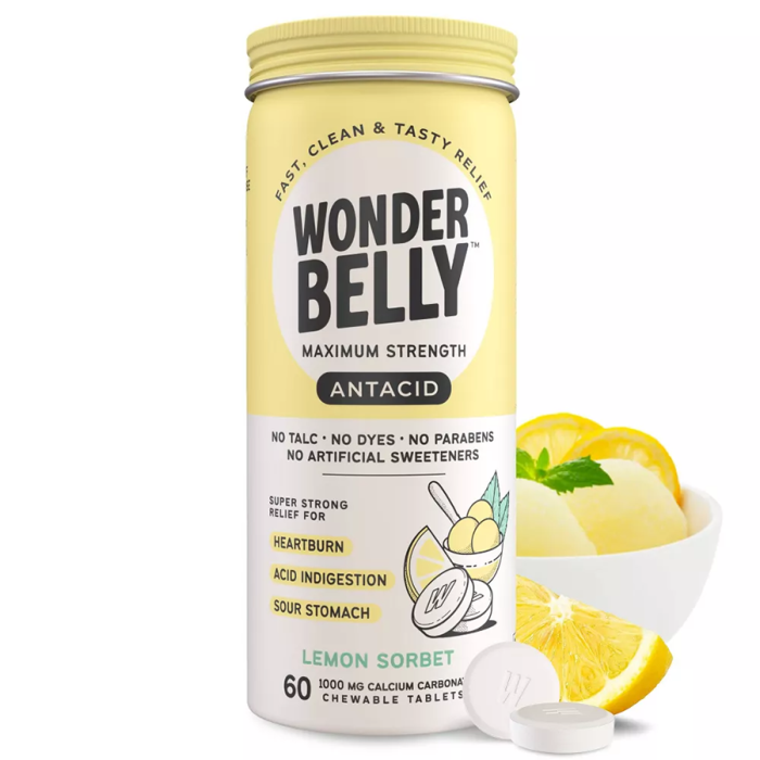 Wonderbelly Maximum Strength Lemon Sorbet Antacid, 60 count