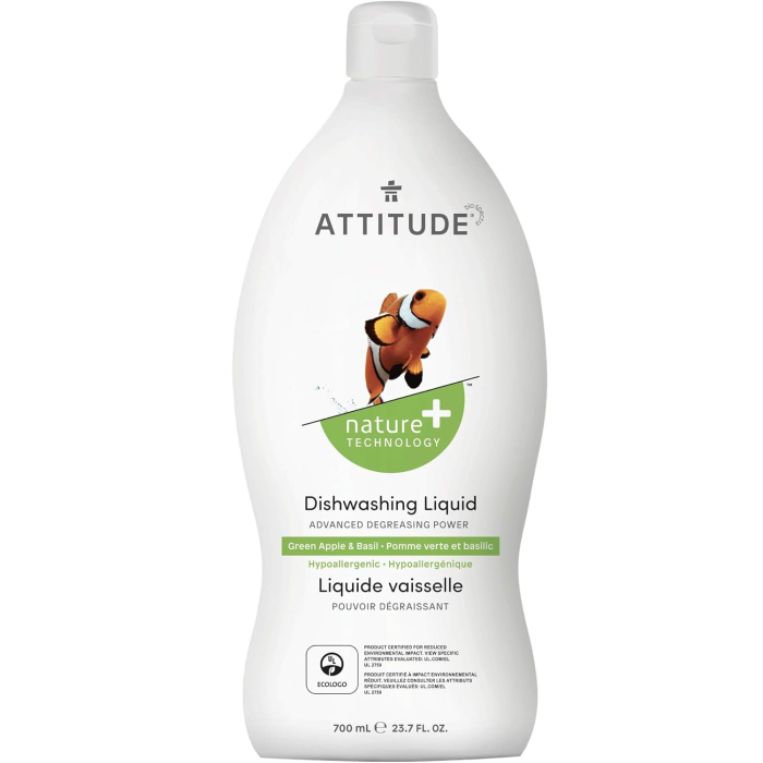 Attitude Dishwashing Liquid Green Apple & Basil, 23.7oz.