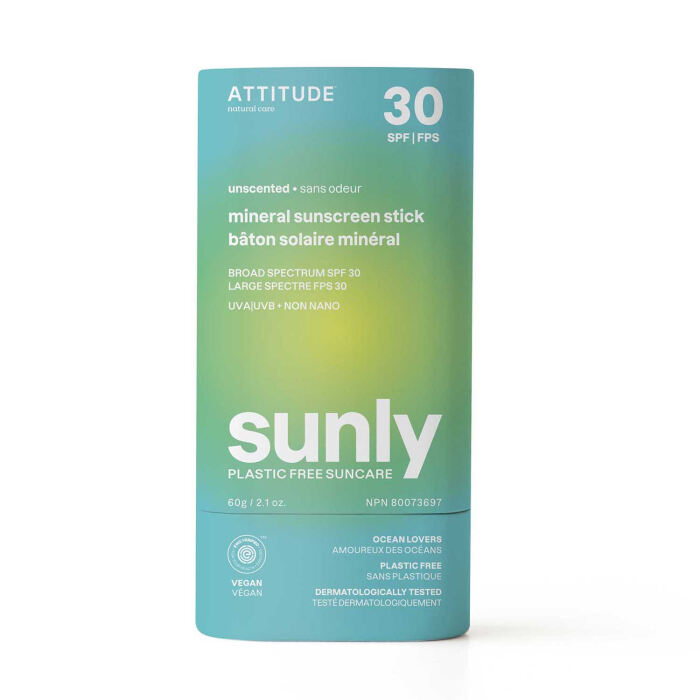 Attitude Mineral Sunscreen Stick SPF 30 Unscented, 2.1oz.