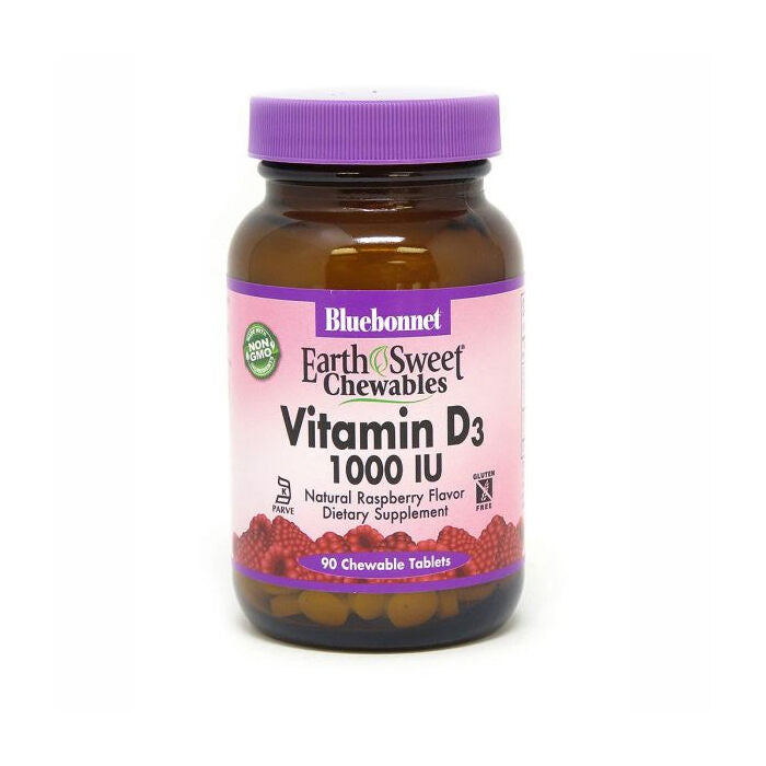 Bluebonnet EarthSweet Chewable Vitamin D3, 1,000 IU, Raspberry, 90 Tablets