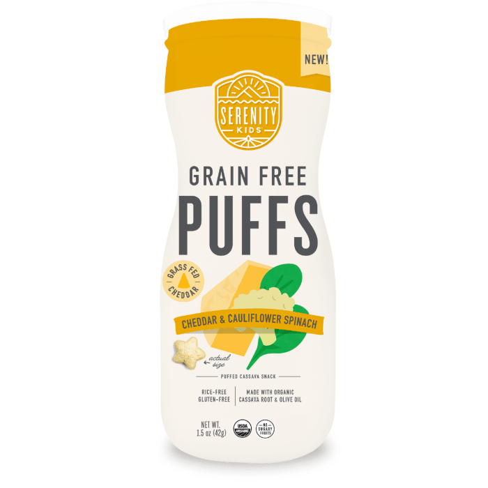 Serenity Kids Grain Free Puffs White Cheddar and Cauliflower Spinach, 1.5oz.