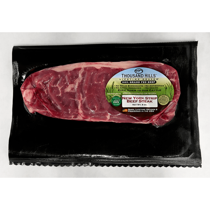 Thousand Hills Lifetime Grazed Grass Fed New York Strip Beef Steak, 8oz.