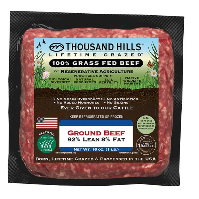 Thousand Hills Lifetime Grazed Grass Fed Ground Beef 92/8, 16oz.