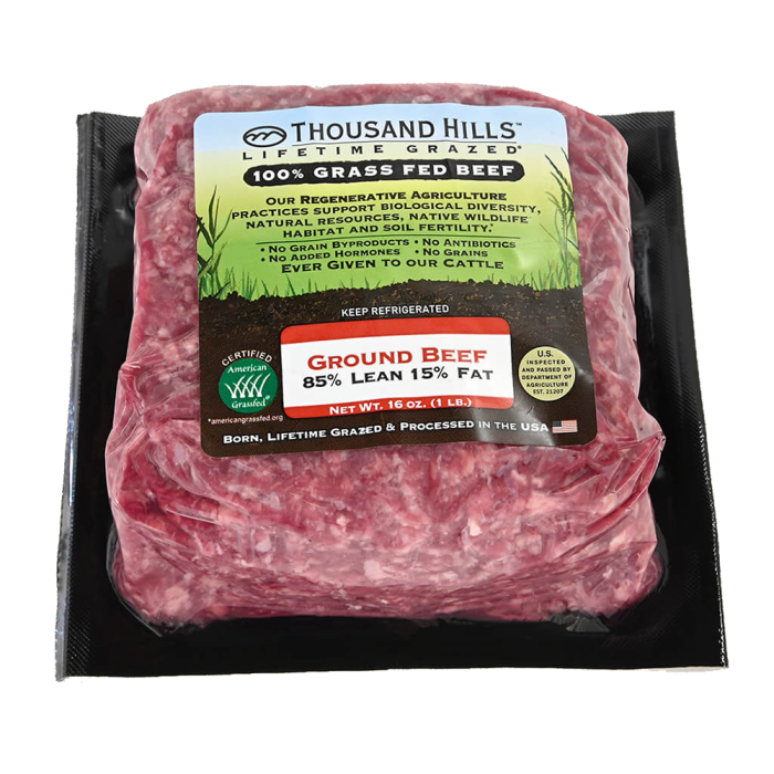 Thousand Hills Lifetime Grazed Grass Fed Ground Beef 85/15, 16oz.