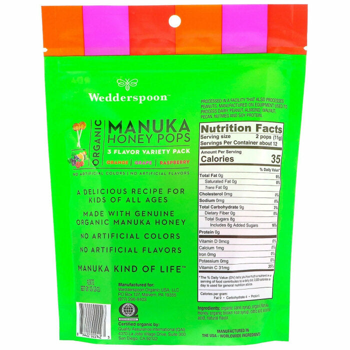 Wedderspoon Organic Manuka Honey Pops, Variety Pack, 24 Count