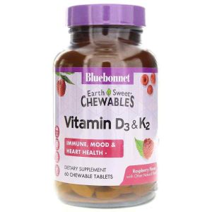 Earth Sweet Chewables Vitamin D3 & K2, 60 Chewable Tablets, by Bluebonnet