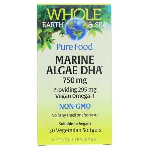 Whole Earth & Sea Marine Algae DHA Vegan Omega-3, 30 Veg Softgels, by Natural Factors